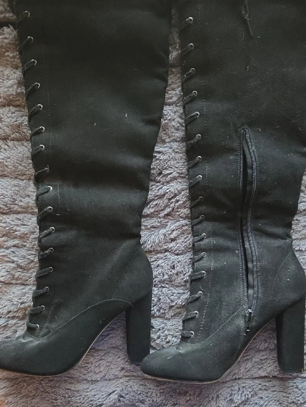 Women's Black Lace-Up Block Heel Knee Boots